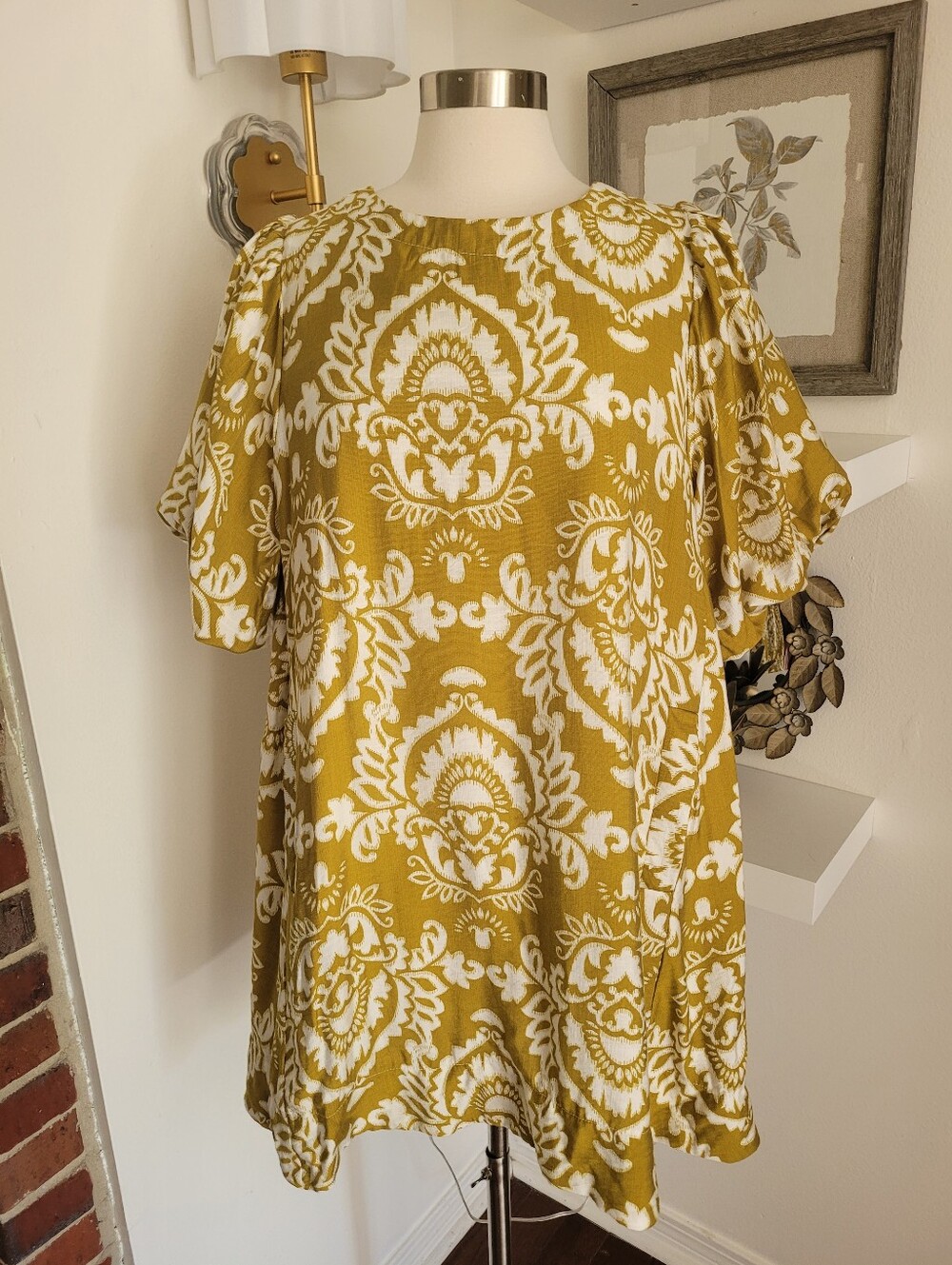 Umgee Olive Green & White Damask Swing Dress Medium